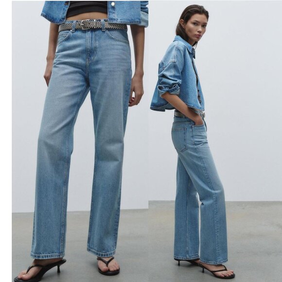 Zara Extra Wide leg High Rise Jeans Blue Size 10 NWT - Picture 1 of 14